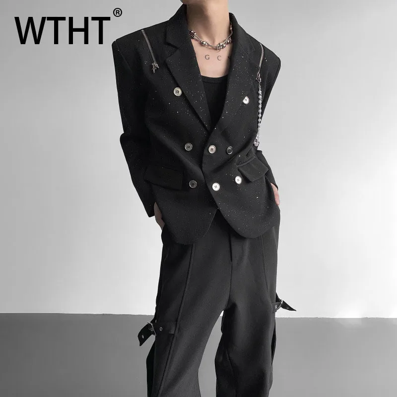 

WTHT Fashion Men‘s Beads Spliced Zipper Design Blazer Coats Trendy 2025 Autumn Three-breasted Buttons Jackets Male 2A1807