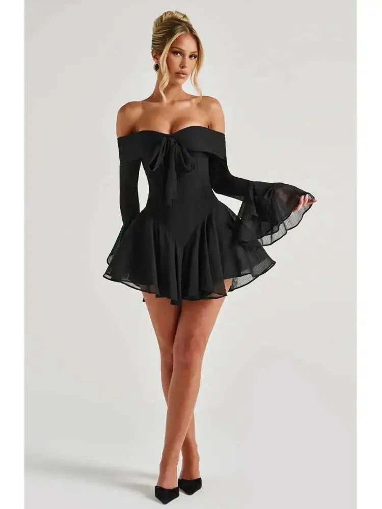 Articat elegante malha trompete manga comprida vestido de camada dupla feminino sexy sem alças sem costas verão bodycon festa vestido de noite