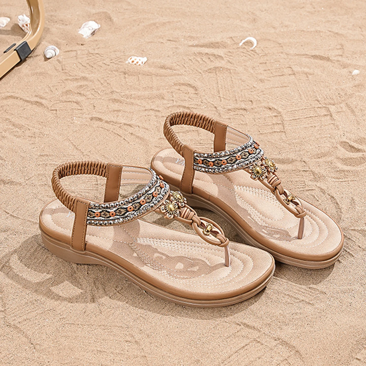 Bohemian Flats Sandals Women Summer 2026 Clip Toe Non Slip Thick Soled Beach Sandalias Mujer Plus Size Outdoor Slip On Sandles