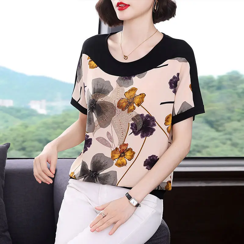 Fashion Elegant Female Floral Printing Loose T-shirt Summer Thin Women's Clothing All-match Short Sleeve Patchwork Casual Tops