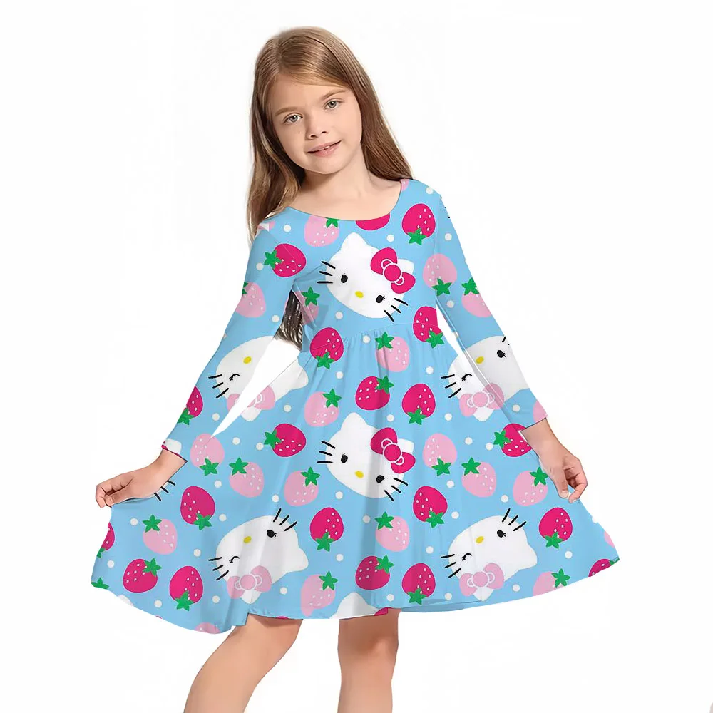 3D Printed Sanrio Hello Kitty Fashion Cartoon Pattern Cute Long Sleeved Dress Cosplay Youth Girl Clothes Kuromi Clothes Sweet