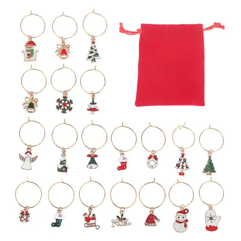 【K】Christmas Wine Glass Charms With 20 Assorted Cute Designs And Storage Bag Perfect For Christmas Party Family Dinner