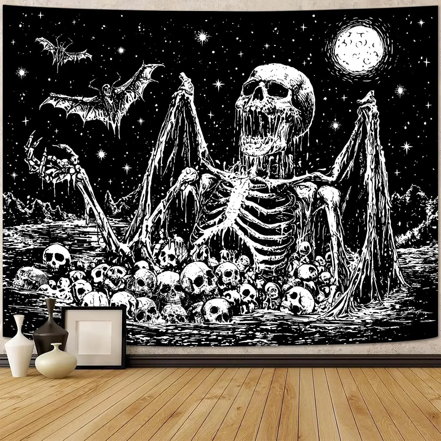 Gothic Skeleton Tapestry, Black and White Print with Winged Demon Skeleton, Skulls and Bats Under the Moon for Halloween Home
