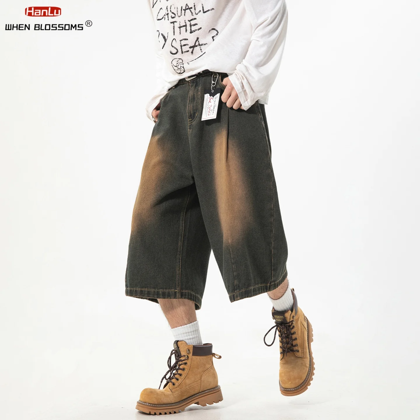 

Мужские джинсовые шорты 2026 года с прямыми штанинами, укороченные, 7 дюймов, винтажные, с эффектом потертости, плиссированные, свободного кроя, летние, повседневные