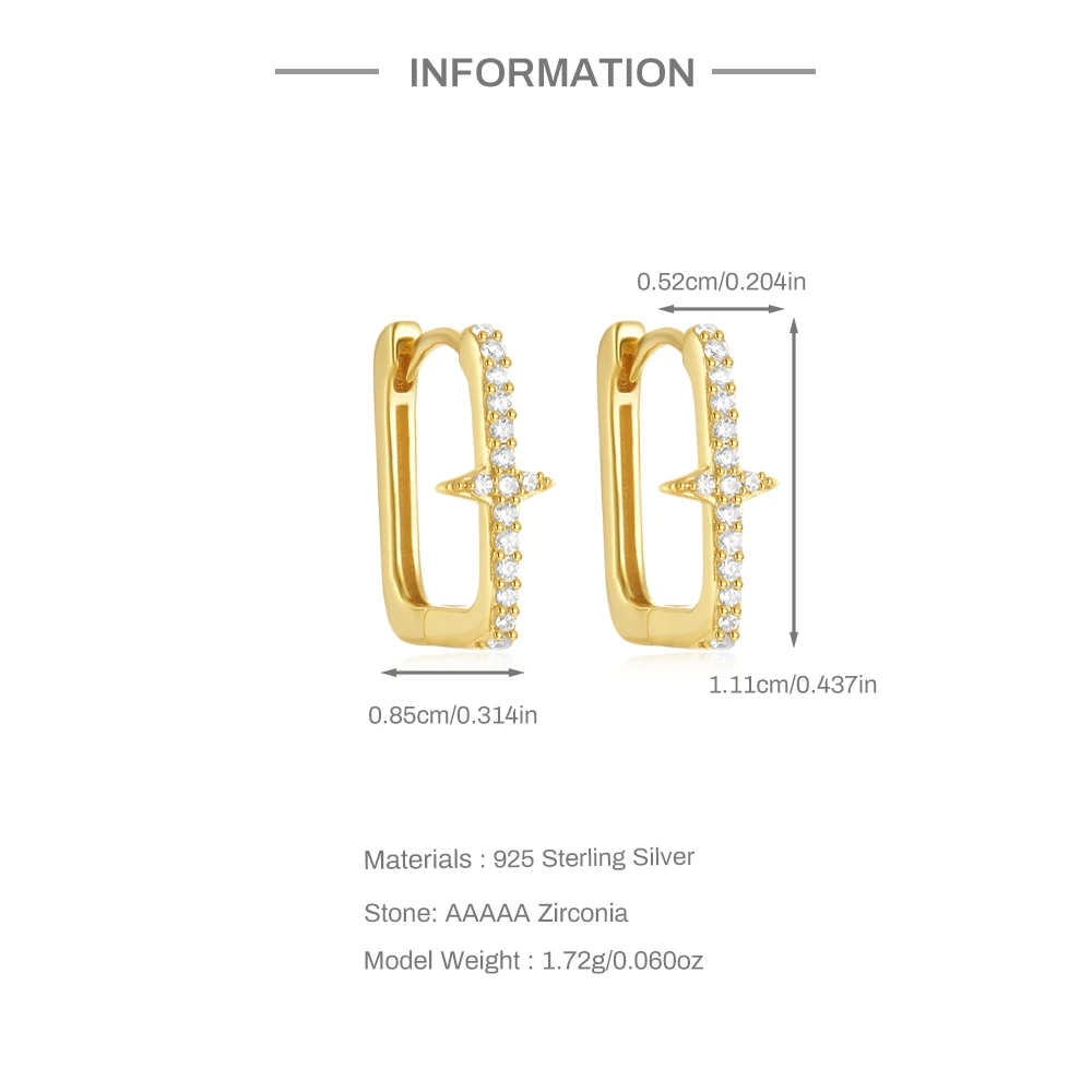 CANNER 925 Silver Four Pointed Star Square Hoop Earrings For Women 18K Gold Plated Vintage Flower Green Zircon Ins Fine Jewelry