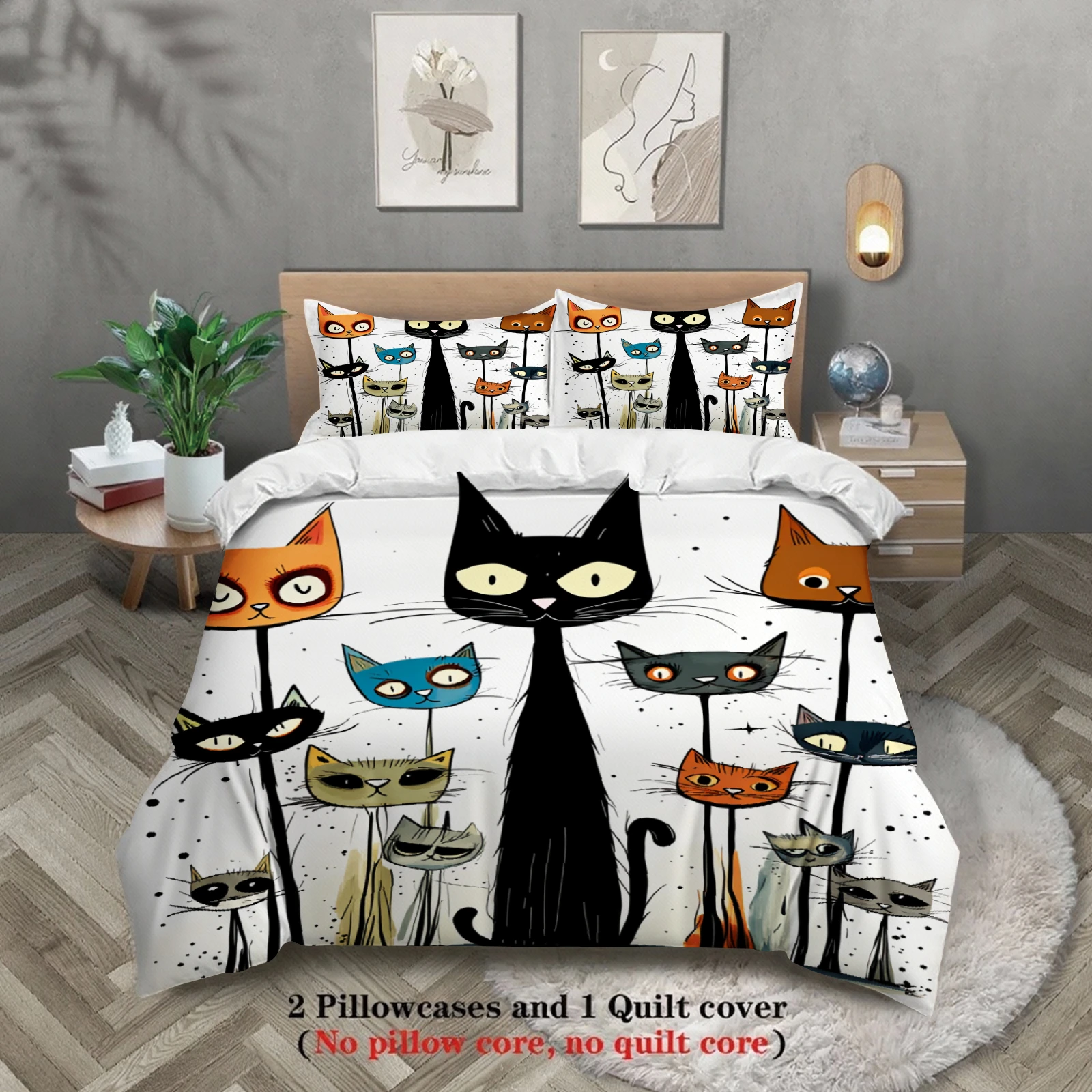 Cat Theme Bedding Set White Color Cartoon Cats Pattern With Duvet Cover Pillowcases For Bedroom Decor