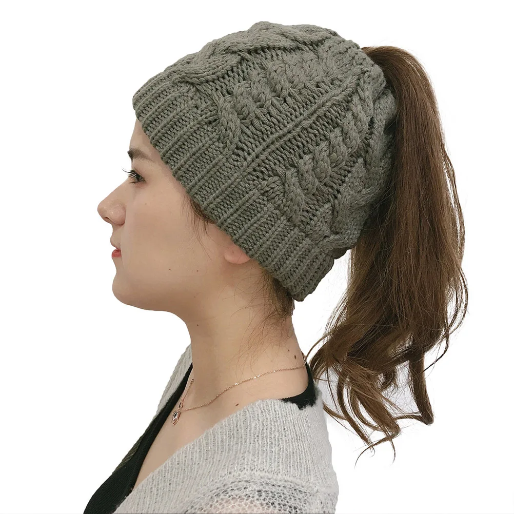 

Dark Grey Woman Knitted Ponytail Beanie Autumn Winter Warm Wool Hat Outdoor Running Winter Hat Beanie for Woman
