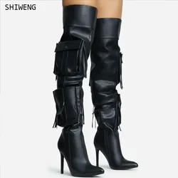 Women Brown Black Pu Leather Pointed Toe Stiletto Boots Sexy Pocket Over The Knee WomenThigh High Boots  Tassel Decor Long Boots