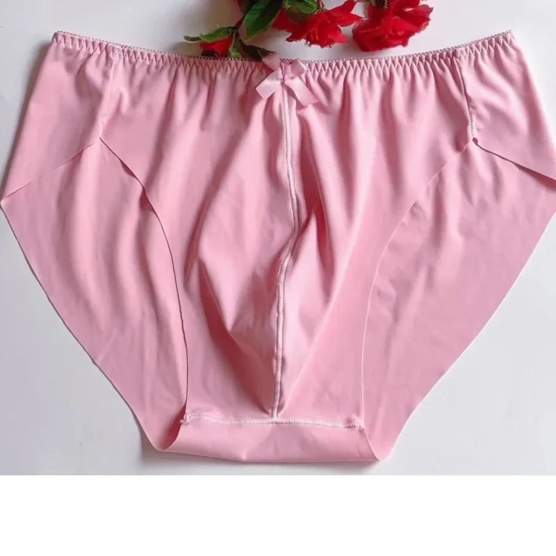 Men's Pink Seamless Sexy Panties Single-Layer Soft Silky Comfortable Large Pouch Bow Cute Briefs Cross-dressing CD Lingerie