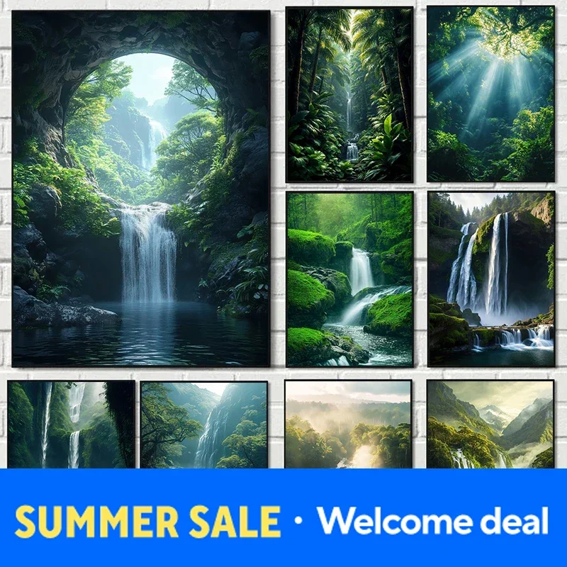 Natural Landscape Spectacular Waterfall Canvas Painting Green Tree Forest Posters Wall Art Prints Home Decor Frameless Painti