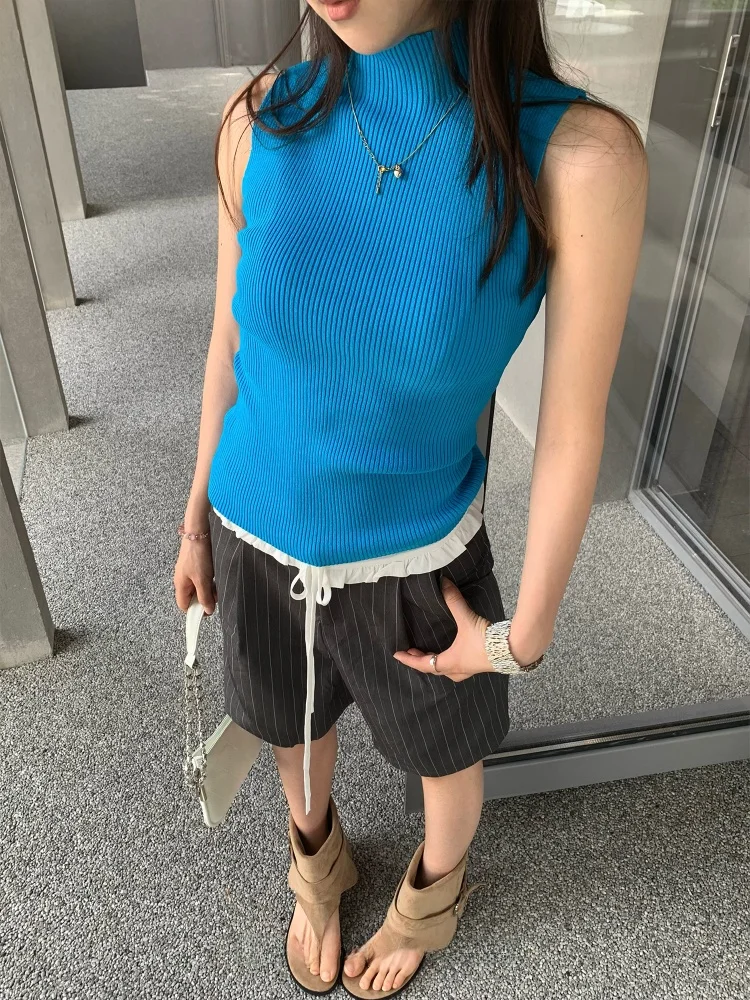 

Синий вязаный жилет-свитер женский с высоким воротником, облегающий, сексуальный, в американском стиле, новый, летний, универсальный, модный 2025