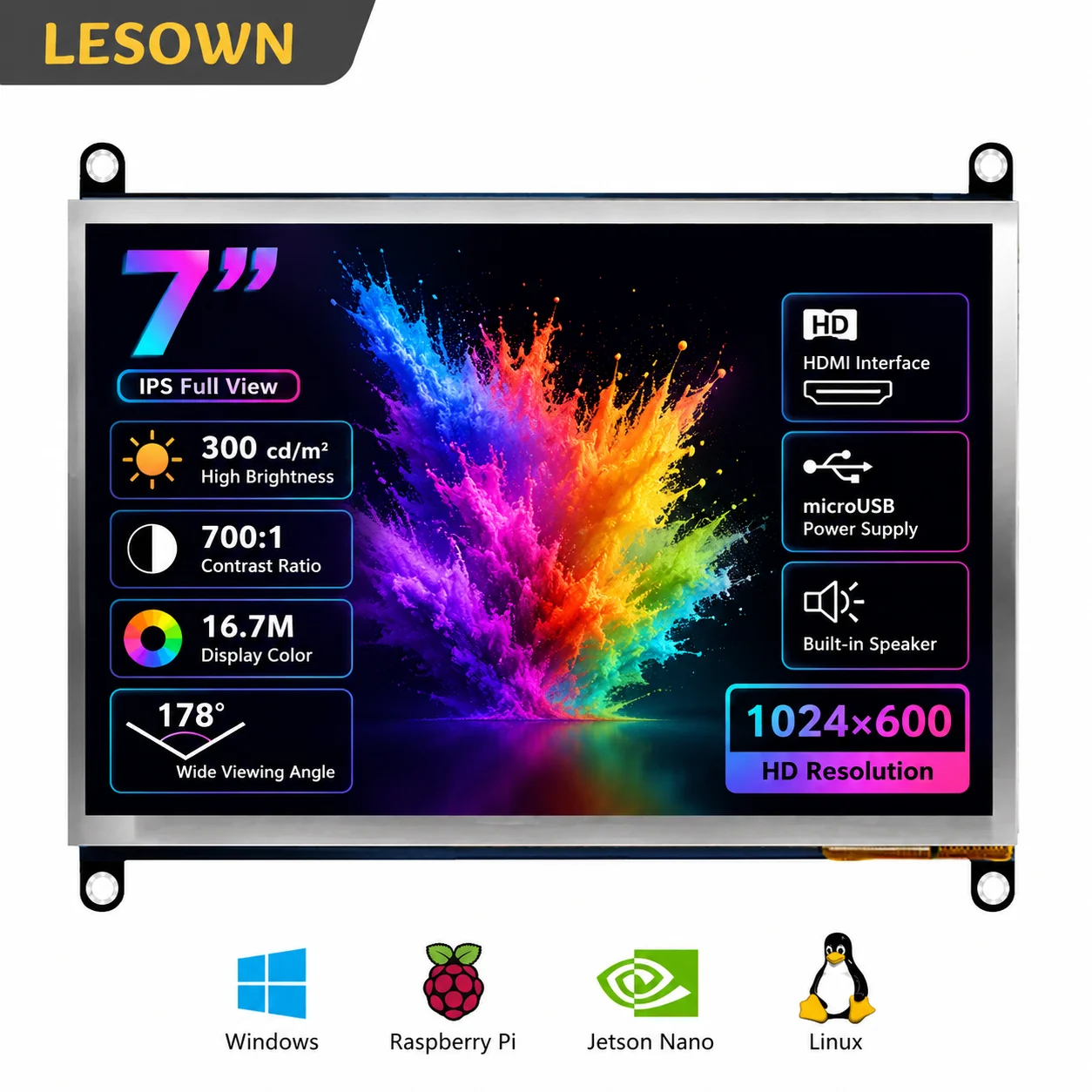 LESOWN 7 inch IPS LCD Assembly 1024x600 HDTV with Dual Speakers Plug and Play for Raspberry Pi 4 DIY Project