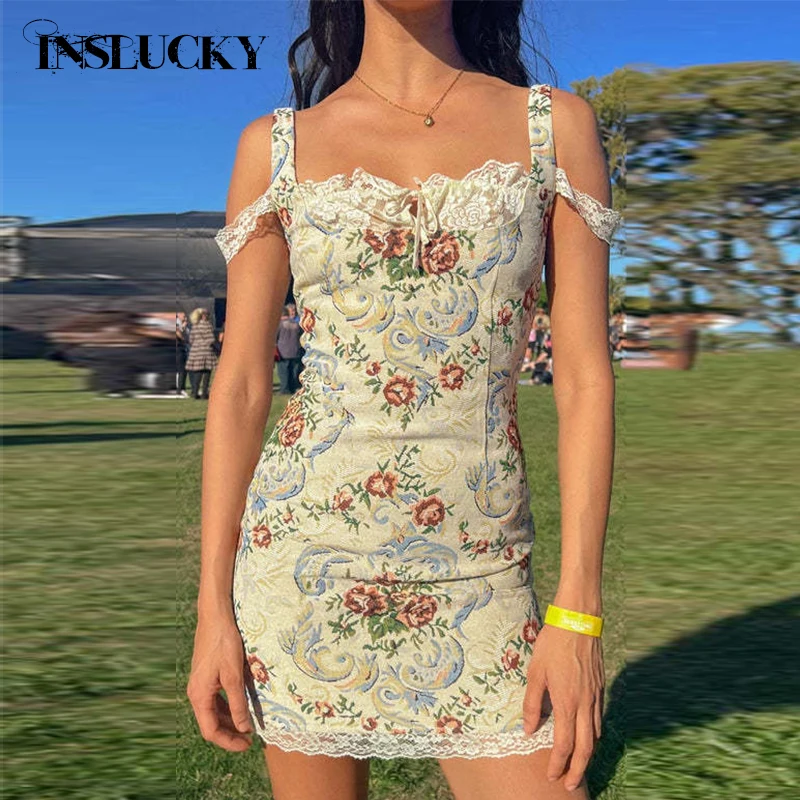 

InsLucky Vintage Lace Spliced Flower Skinny Tank Mini Dress Women Sleeveless Bodycon Elegant Fashion Mini Vestidos Dresses 2024