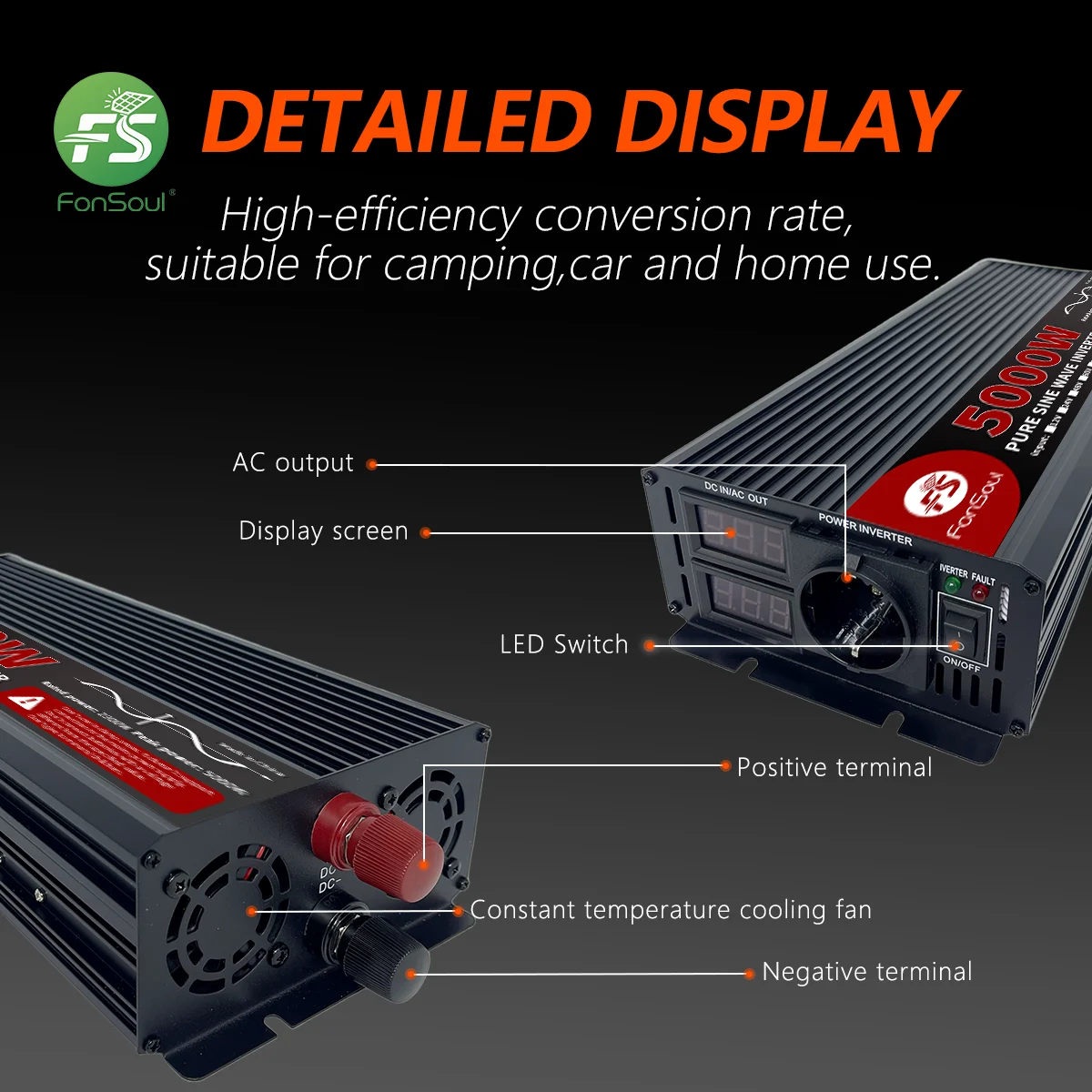 Dual Digital Display High Power Pure Sine Wave Inverter 5000W Car Home Inverter 12V to 220V Emergency Lighting Outdoor Camping