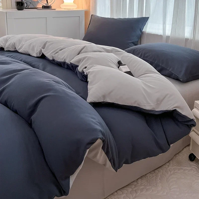 

2-side Solid Color Brush Fabric Bed Set 4 Pieces Duvet Cover Pillowcase Bedding Set Bed Sheet Quilt Cover Single