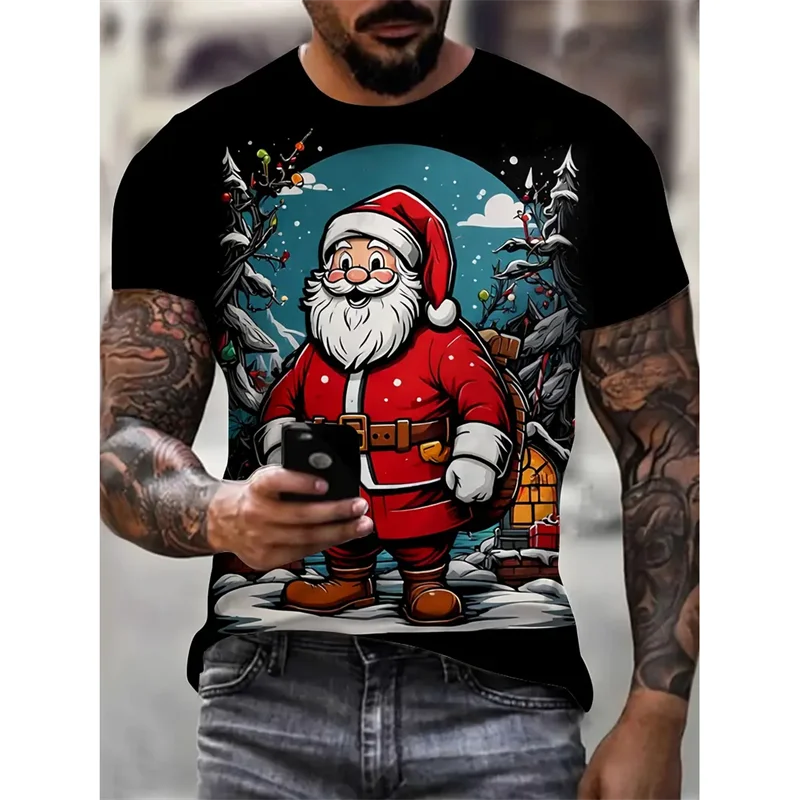 Funny Christmas Party Pattern T Shirt For Men Santa Claus 3D Printed Tees Summer Casual Short Sleeve Loose T-Shirts O-Neck Tops