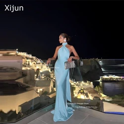 Xijun Blue Satin Long Evening Dresses Sleeveless Saudi Arabric Simple Prom Dresses Backless Floor Length Prom Gowns Dubai Women