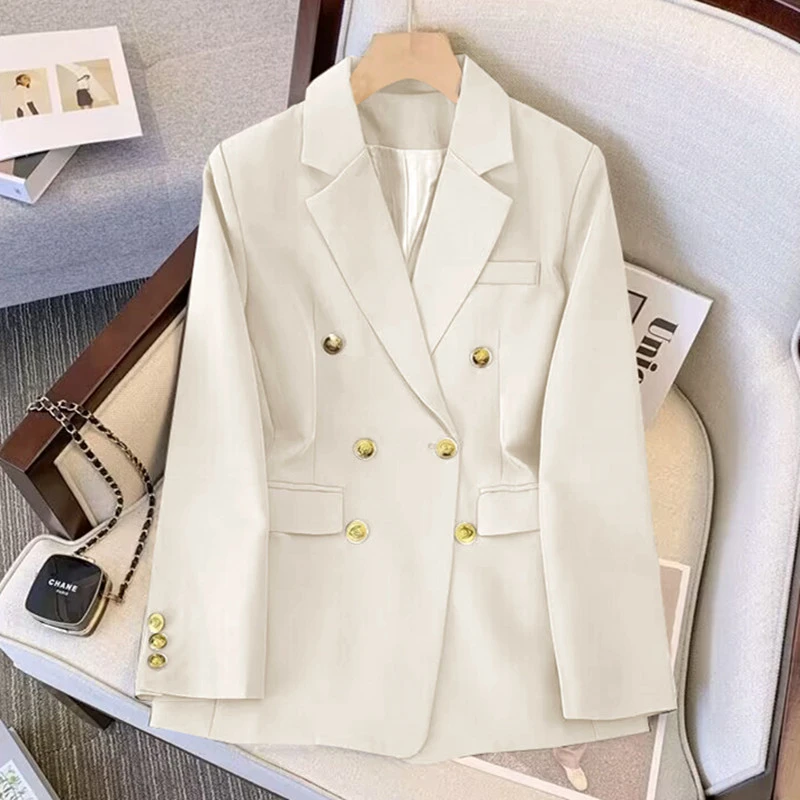 Korean Fashion Elegant Suit Coat Office Lady Long Sleeve Double-breasted Women\'s Jacket Solid Brown Straight Blazer for Women