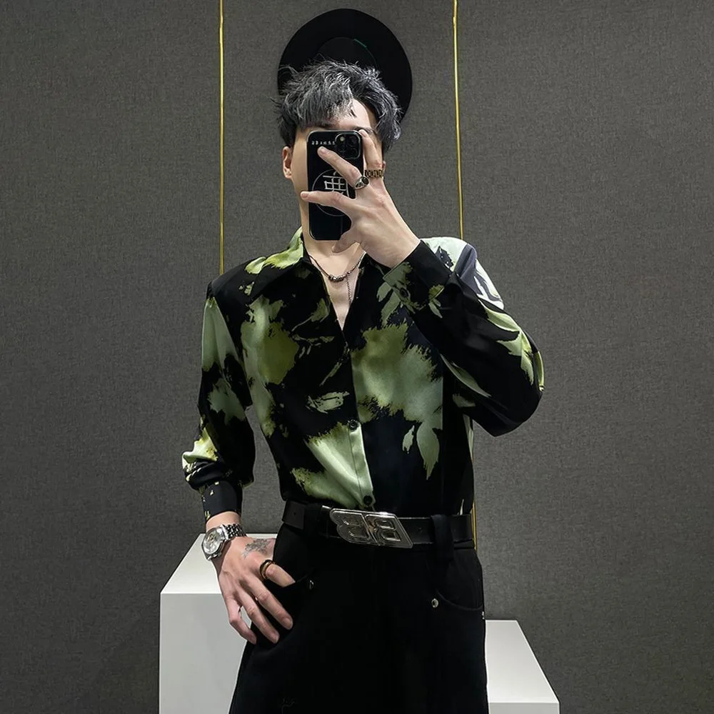 

Mens Shirts Contrast Print Shoulder Pad Shirts Streetwear Fashion Daily Outdoor Campus Long Sleeve Tops Men'S Clothing 2025 New