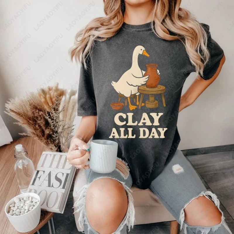 Gift For Pottery Maker Silly Goose Pottery Lover Unisex Cotton Tshirt Clay Artis Animal Lover O-neck Printed Women Tee Fun Diy
