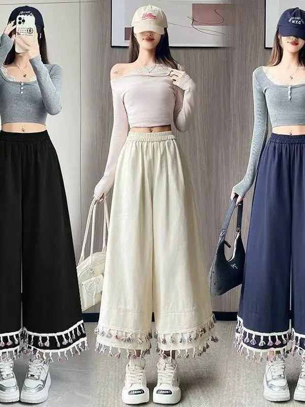 High Waist Fringe Splicing Wide Leg Pants Women's Sweet Soft Small Size Slimming Nine Points Drapey Straight Casual Pants