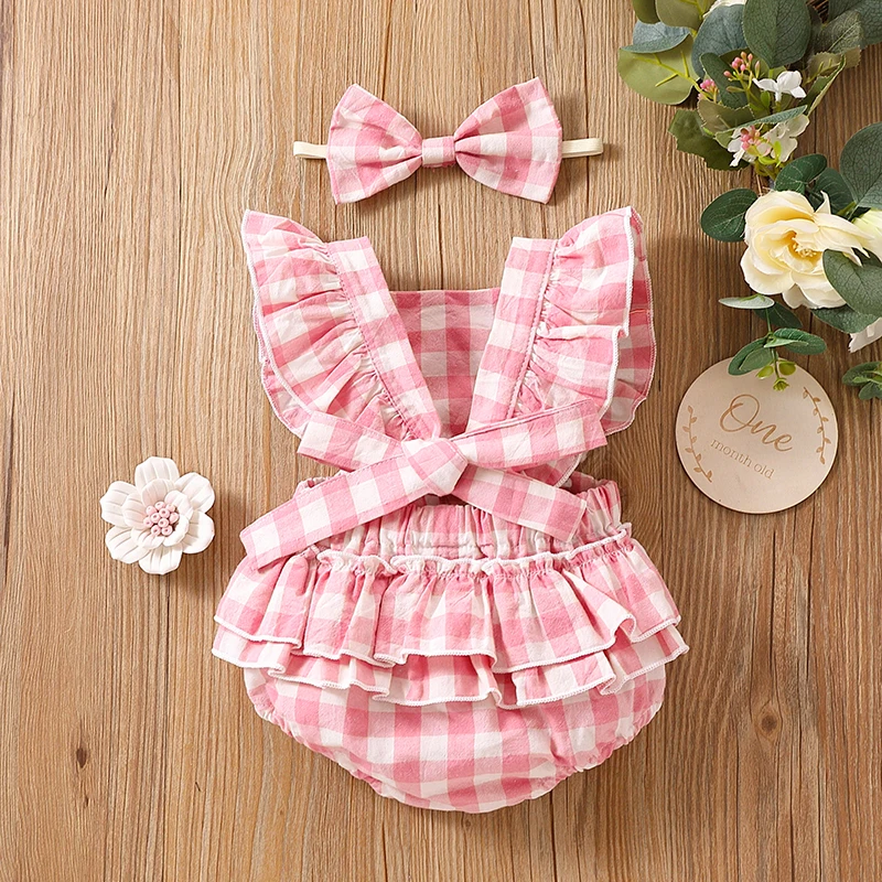 Newborn Baby Girl Bubble Cotton Plaid Flying Sleeve Climbing Suit With Buttocks+Headwear