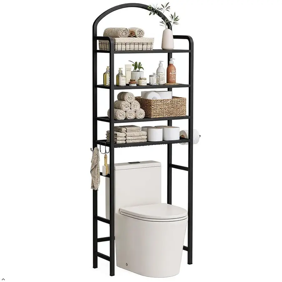 

Over The Toilet Storage, Bathroom Organizer, SpaceSaving, Above Toilet Storage Rack with 4 Hooks and Paper Holder, Metal Shelf,