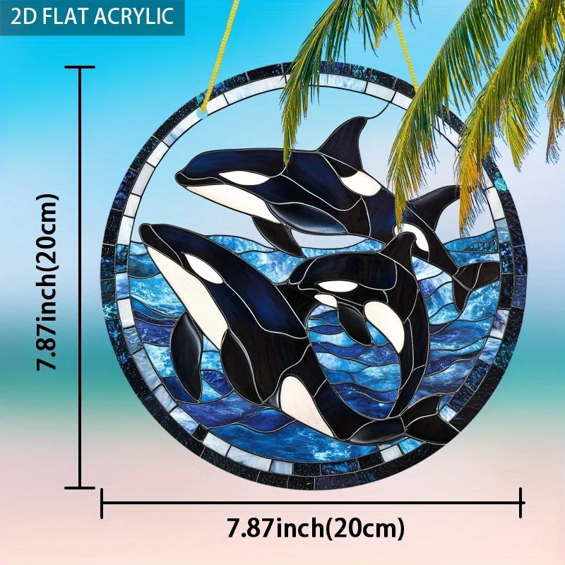 2D Flat, 2D Flat 1pc Orca Whale Sun Catcher19.99x19.99 cm Circular Acrylic SignColored Glass Style Window Hanging DecorSerene Oc