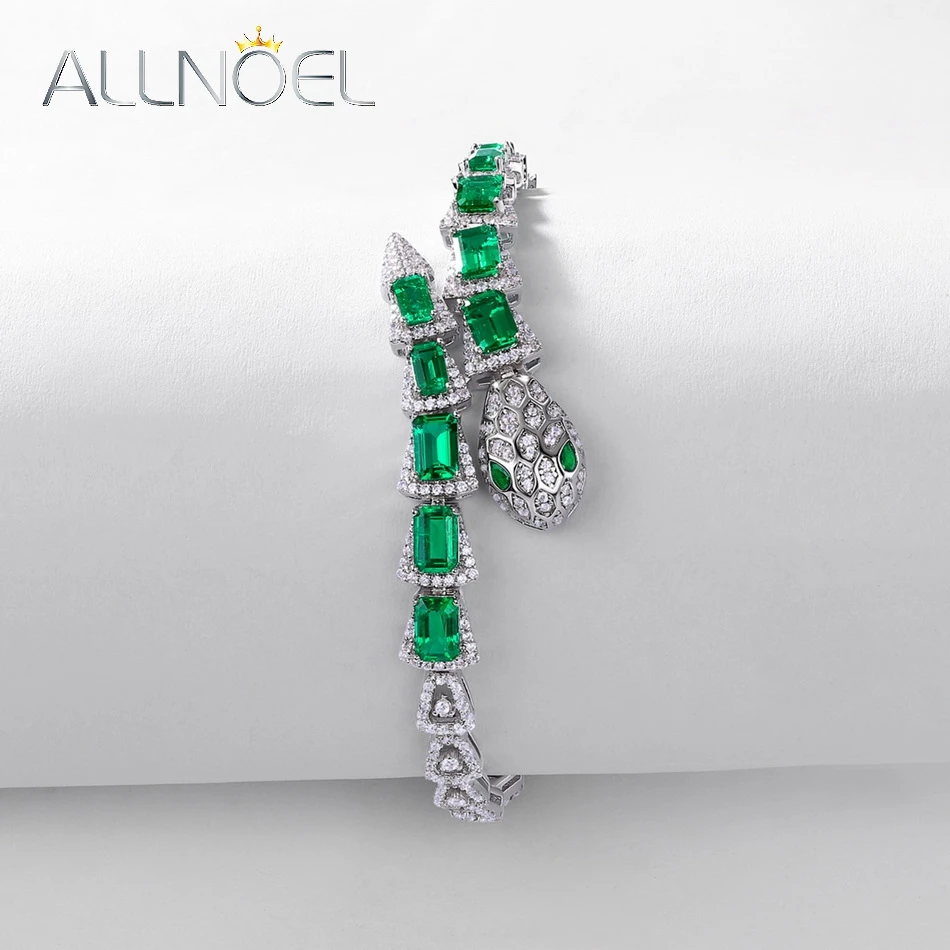 ALLNOEL 100% 925 Silver Lab Grown Emerald Bracelet For Women Snake Animal Luxury Jewelry Hip Hop Style Birthday Gift Wholesale