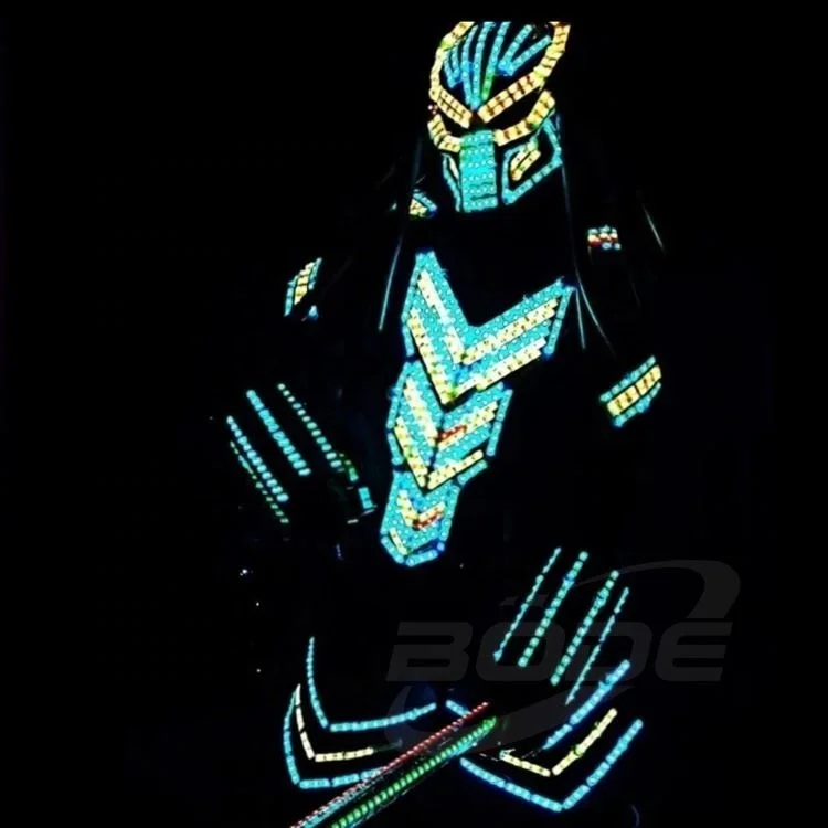 Disfraces de exhibición de Robot con espejo, ropa de actuación de fiesta LED, traje de armadura, ropa ligera colorida, trajes de espectáculo para Club, cascos, Bar Disco