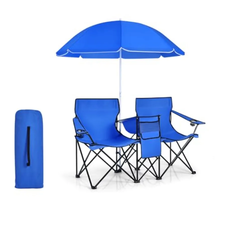 

Double Camping Chair Outdoor 2 Person Camping Seat and Back with Umbrella Side Pocket Cup Holder Cooler and Carry Bag Portable