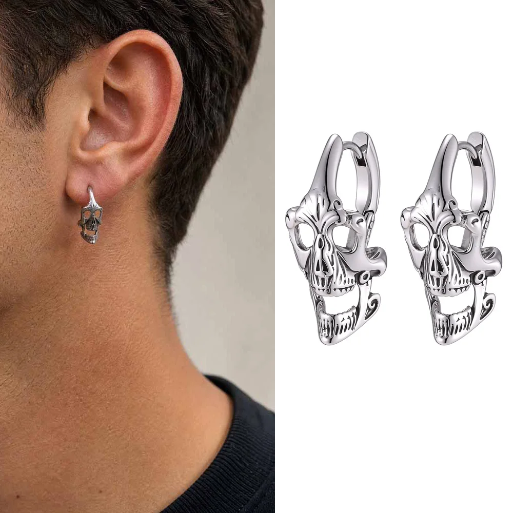 Vnox Gothic Skull Huggie Hoop Earrings for Men Him, Stainless Steel Punk Hollow Skeleton Rock Halloween Vintage Ear Jewelry Gift
