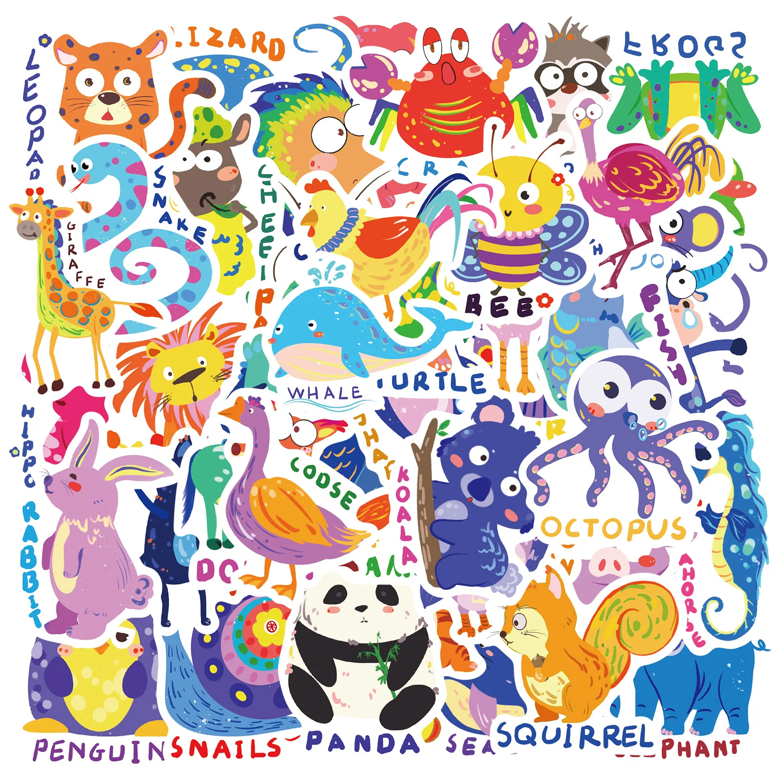 

50PCS Painted Style Animals Cartoon English Graffiti Stickers Decorative Water Cup Luggage iPad Waterproof Stickers Kids Toy