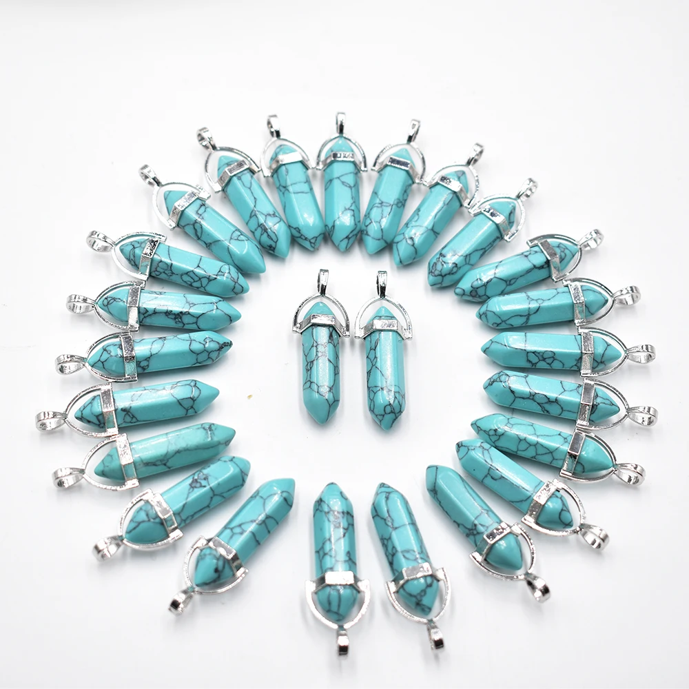 Wholesale 24 50 100pcs/lot fashion good quality blue turquoises pillar shape point Chakra charms pendant for jewelry making free