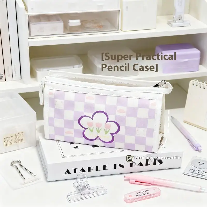 Cute Sweet Tulip Flower PU Pencil Case Large Capacity Stationery Bag Simple Multifunctional Waterproof Portable Storage Bag