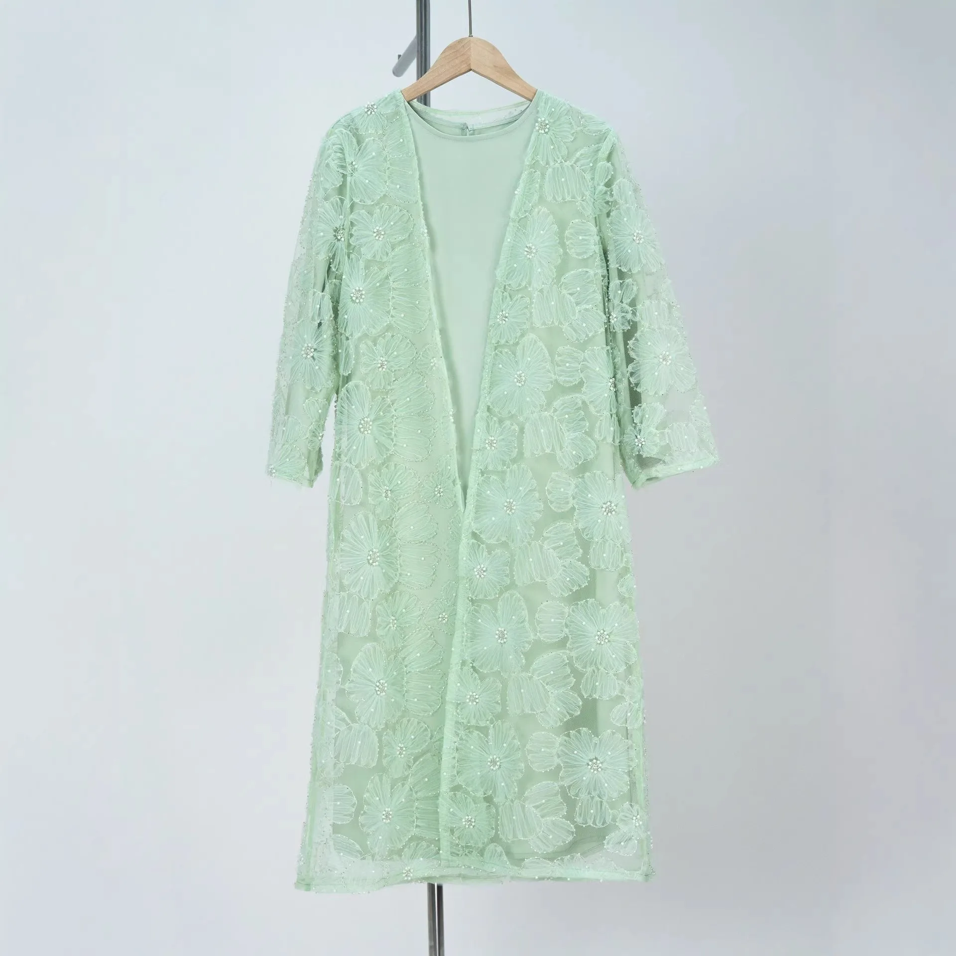 

Arabic Dubai Luxury 3D Flower Lace Floral Beaded Cardigan Muslim Girl Evening Party Kids Abaya Inner Dress Open Abaya 2 Pcs Set