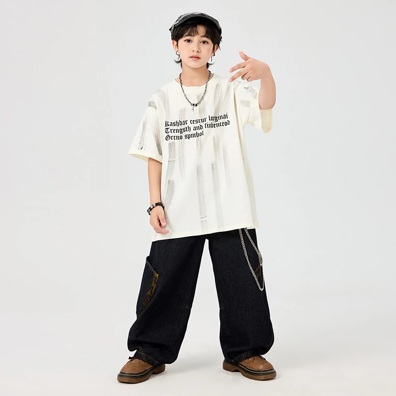 Summer Baggy Street Clothing Kids Hip Hop Dance Tops Black Pants Short Sleeves Poppin Breaking Practice Show Costume BL16086