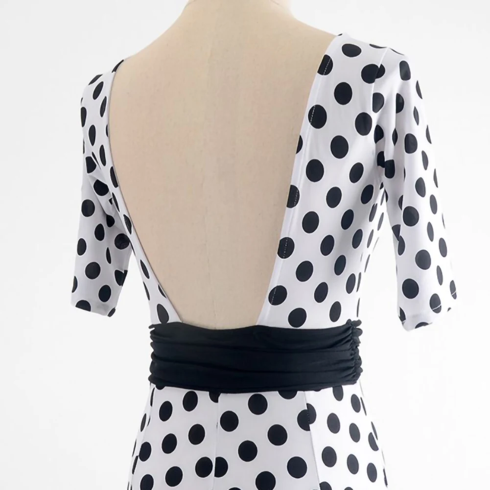 Abito da ballo da sala bianco Torneo Abiti da competizione standard senza schienale con stampa leopardata nera Tango girocollo maniche corte