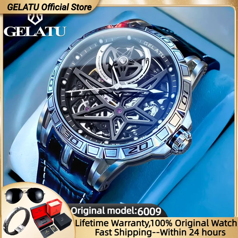 

GELATU 6009 TOP Brand Men's Watches Skeleton Automatic Mechanical Movement Leather Strap Watch