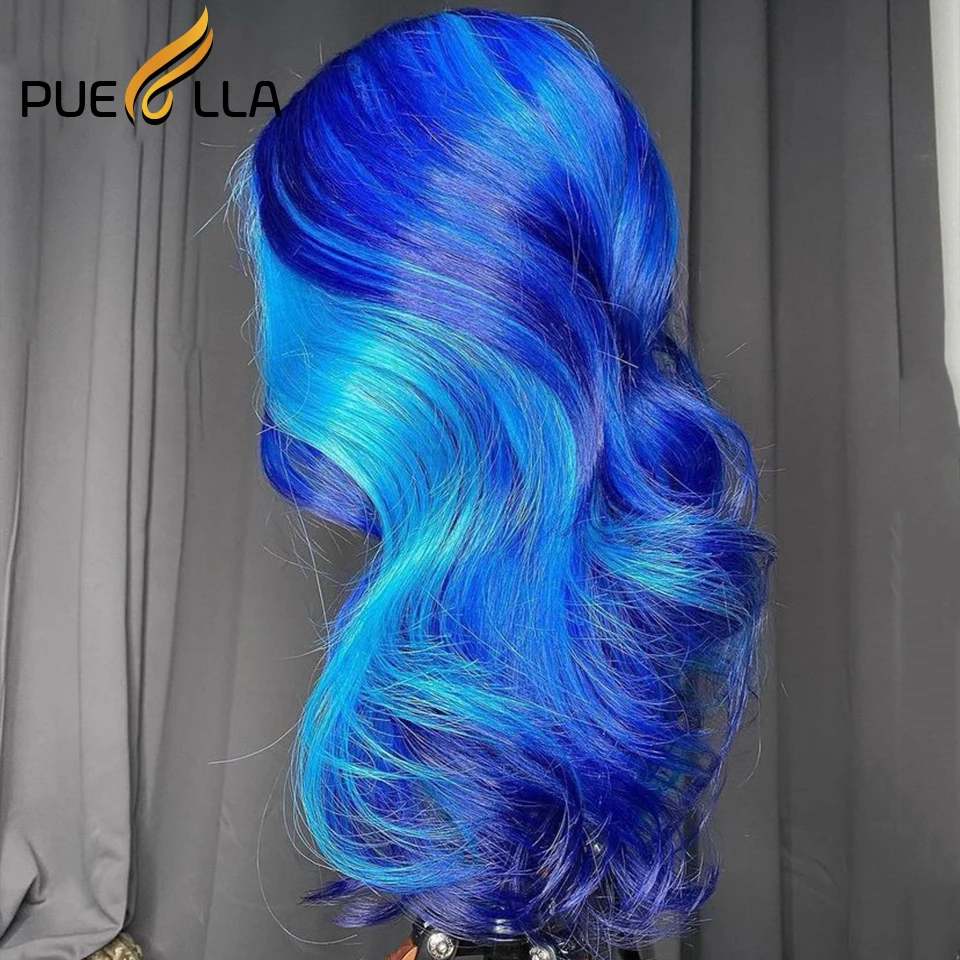 Blauwe Highlight Human Hair Pruik 13X4 Lace Frontale Human Hair Pruik Donkerblauw Highlight Transparant 13X6 Lace Front Body Wave Pruik