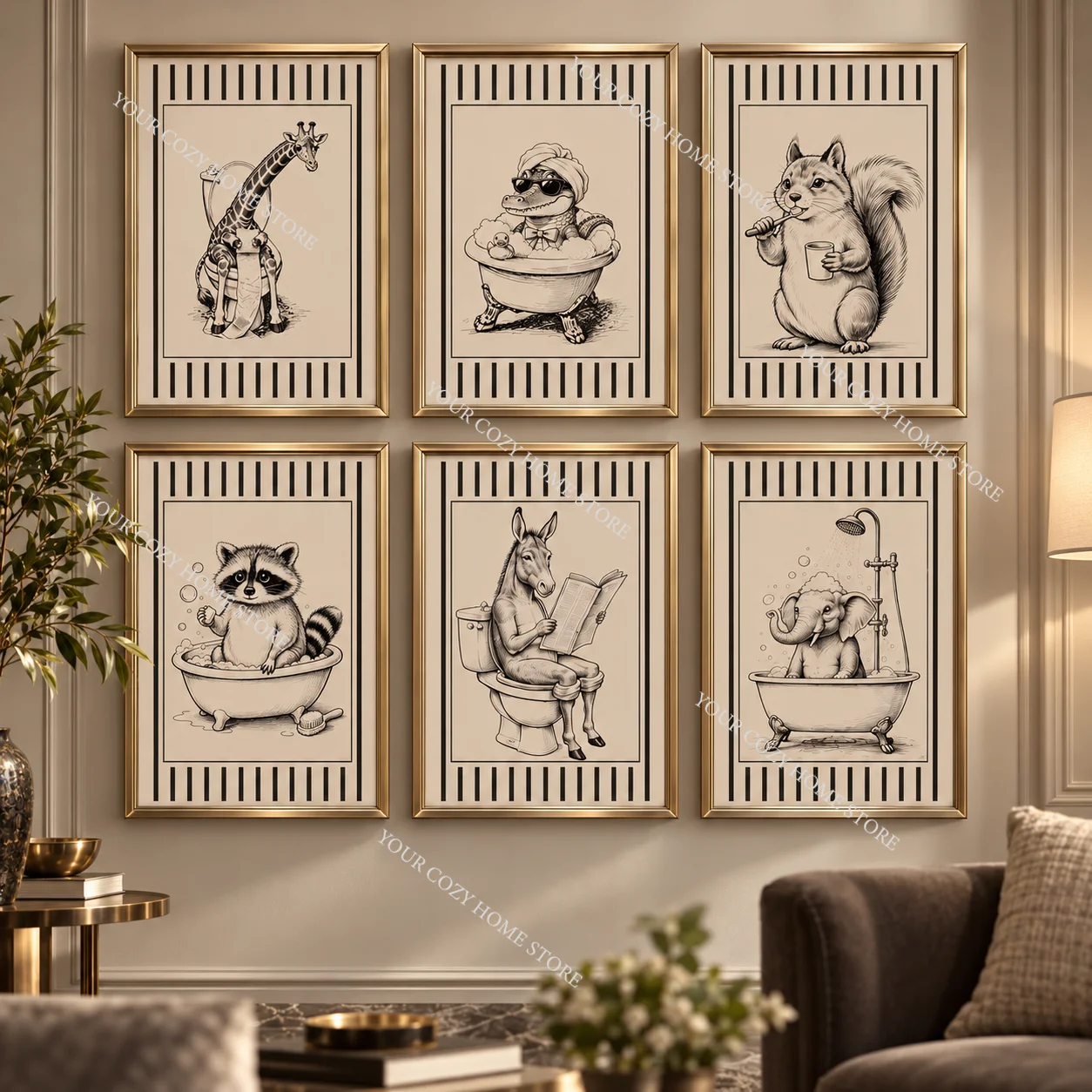 Vintage Sketch Bathroom Animal Canvas Wall Art,Funny Anthropomorphic Animals Bath Print,Retro Neutral Restroom Toilet Home Decor