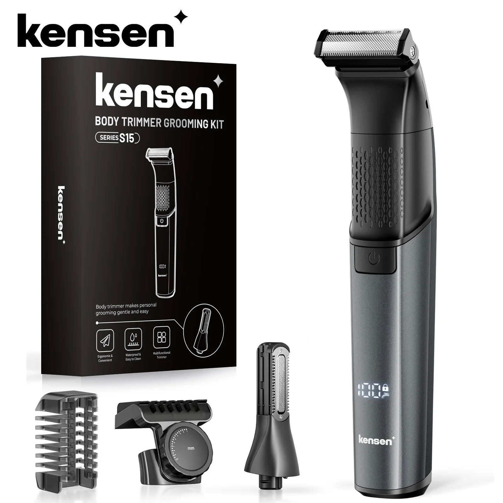 KENSEN S15 Electric Tirmmer for Men Dual-sided Blade IPX6 Waterproof Body Hair Razor Beard Trimmer 2 in 1 Trimmers for Barber