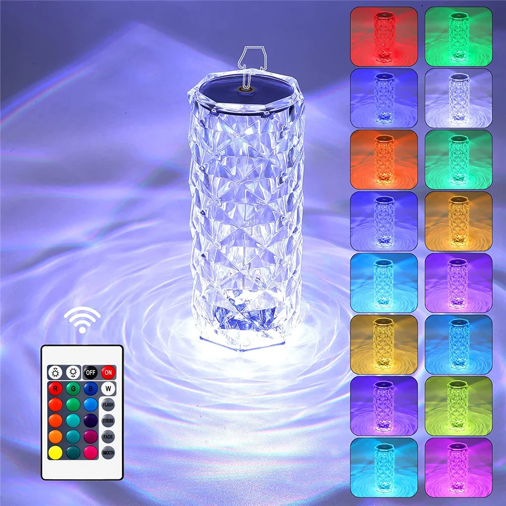 

Touch Crystal Lamp 16 Color Changing RGB Night Light Remote USB Romantic LED Rose Diamond Living Room Valentines Day Nightlight