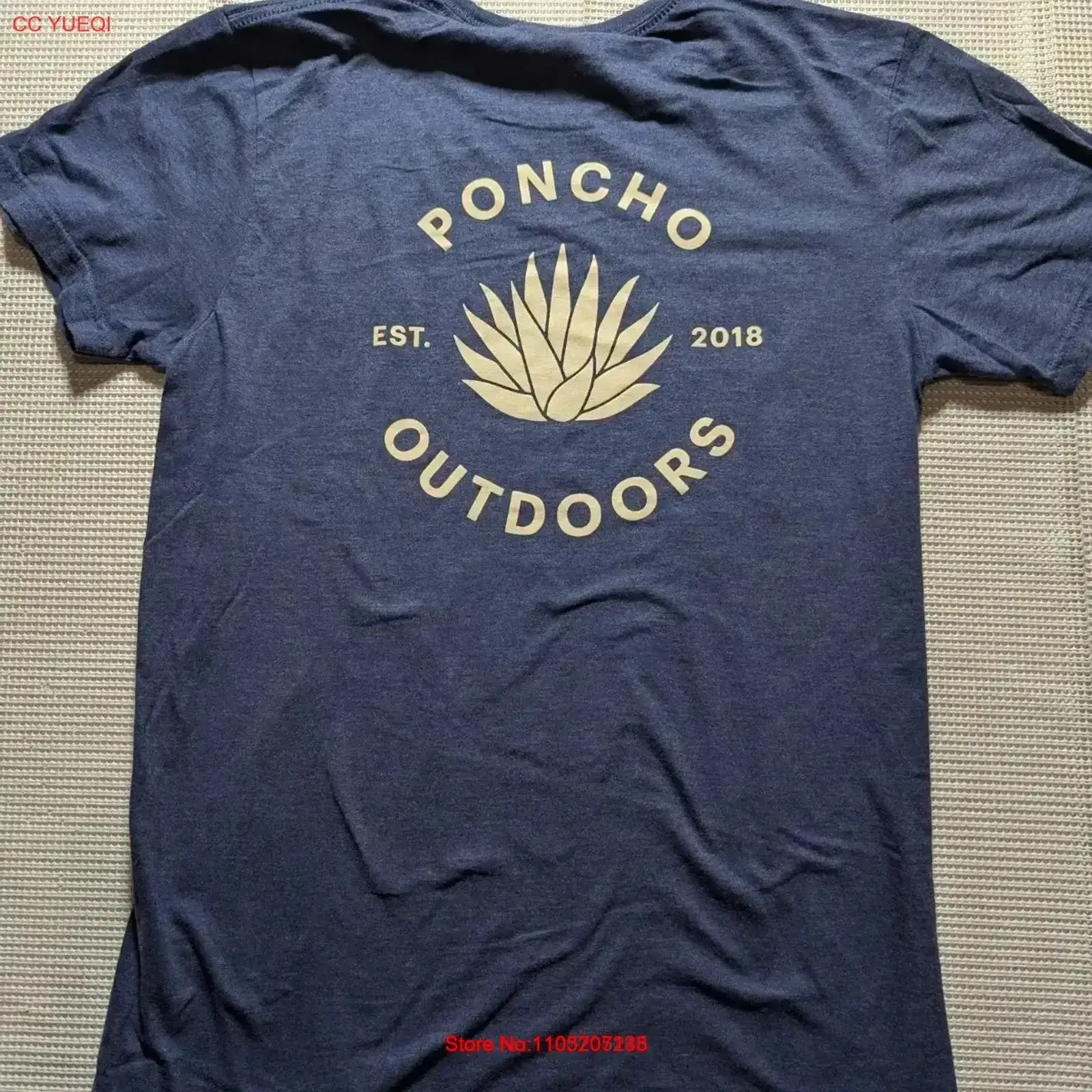 

Комфортная хлопковая футболка с логотипом Pancho Outdoor Outfitters, синяя мужская винтажная стираная слегка дизайнерская одежда среднего размера, растянутая