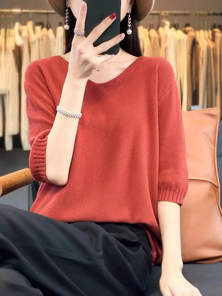 เสื้อยืดผ้าฝ้ายถักบางเบาสำหรับฤดูใบไม้ผลิและฤดูร้อน คอวี ผ้าฝ้ายผสมลินิน ทรงหลวม ไซส์ใหญ่ สำหรับผู้หญิง ชิงเต่า 24