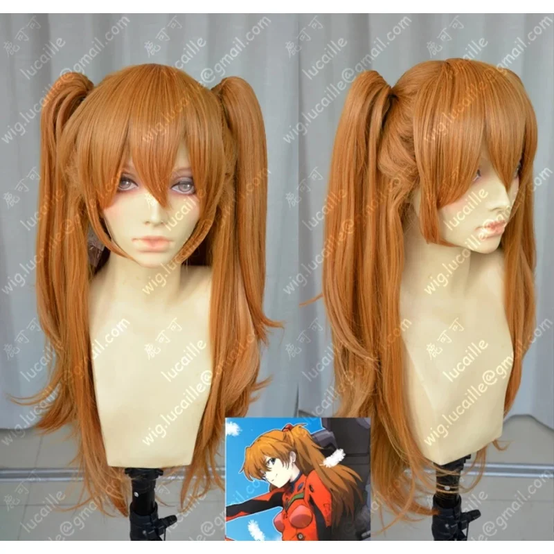ABC123Anime EVA Asuka Langley Soryu برتقالي طويل مع 2 مشبك ذيل حصان شعر مستعار مقاوم للحرارة + عرافة؛ 3,f'6,h.7;j