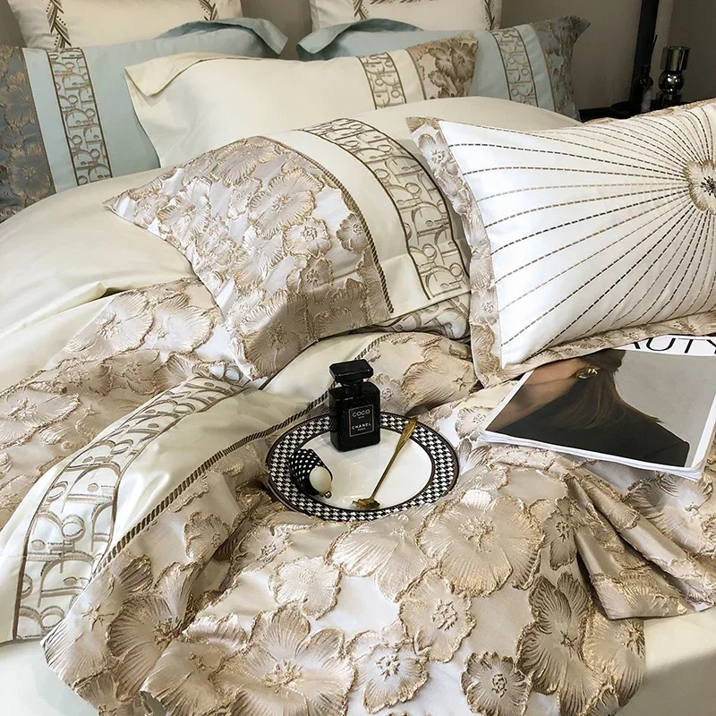 Gold Precision Embossed Jacquard Embroidery Bedding Set 1200TC Egyptian Cotton Flowers Duvet Cover Set Bed Sheet Pillowcases