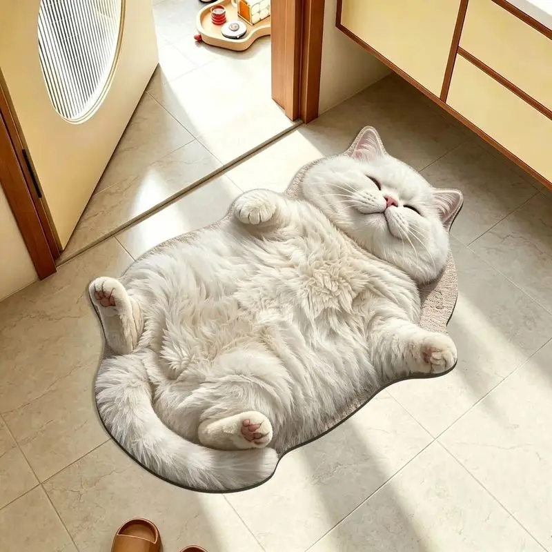 VIKAMA Niedlicher Katzenförmiger Teppich aus Flanell, Weiche Rutschfeste Tier-Bodenmatte, Weißes Dickes Katzenmuster, Schlafzimmer-Badezimmer-Teppich, Kinderzimmer-Deko