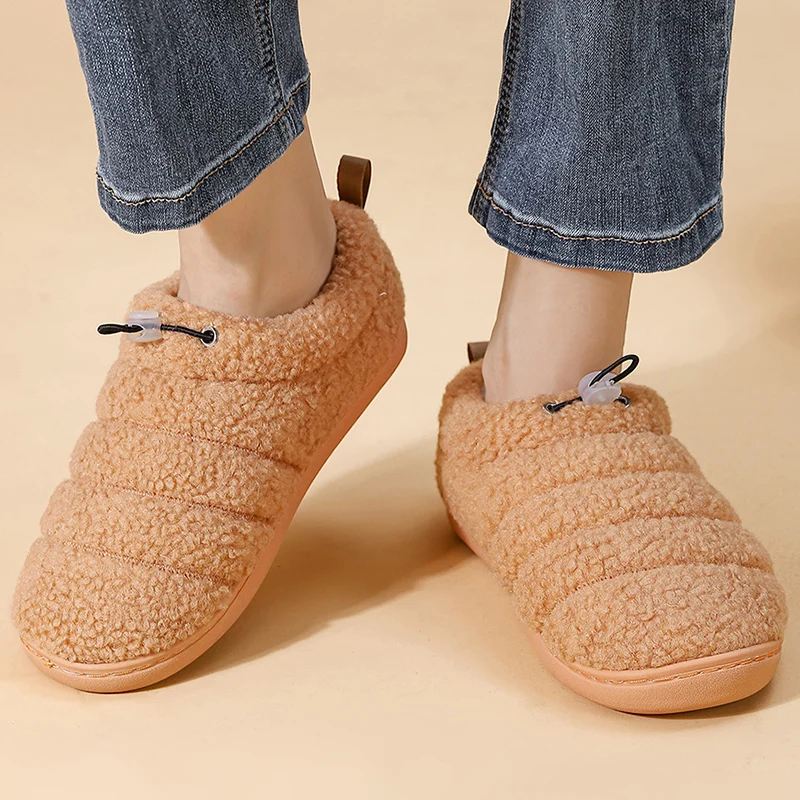 

Indoor Warm House Plush Slippers Women 2025 Winter Faux Fur Flat Heel Cotton Shoes Woman Slip On Non Slip Cotton Slides Female