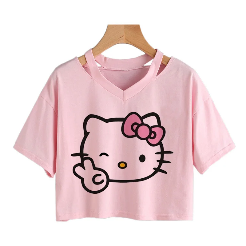 

Футболка женская с рисунком Hello Kitty, укороченный топ, одежда Sanrio, крутые рубашки